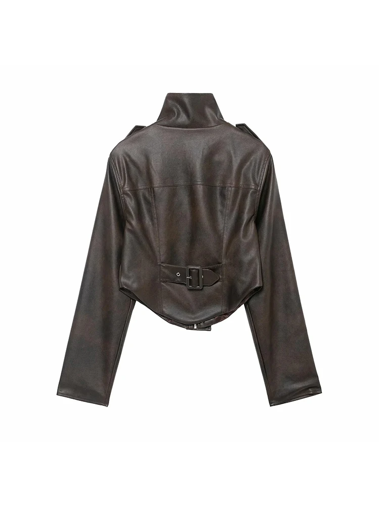 Women’s Vintage Faux Leather Zipper Jacket - Image 2