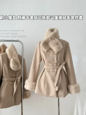 2025 Fall Winter Wool Blend Cape with Fur Collar