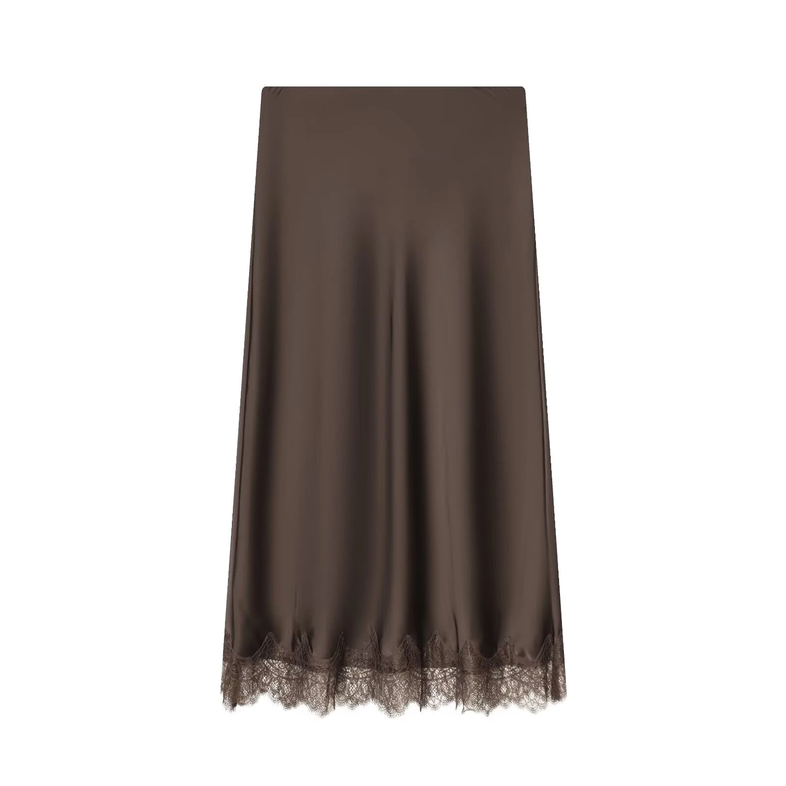 Winter Women's High-Waist Lace Trim Silk Midi Skirt - Image 3