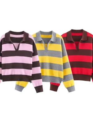 Women’s Winter Striped Polo Collar Knit Sweater