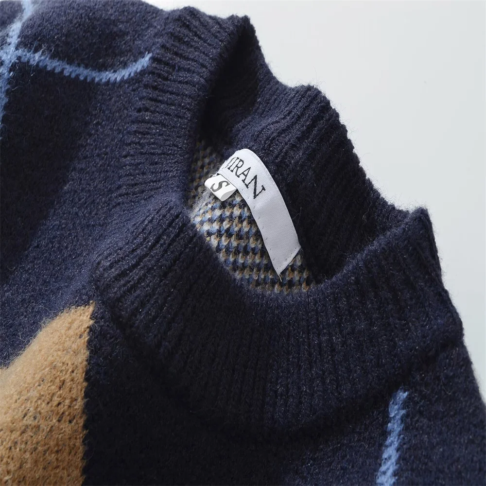 Autumn Winter Diamond Grid Knit Sweater - Image 3