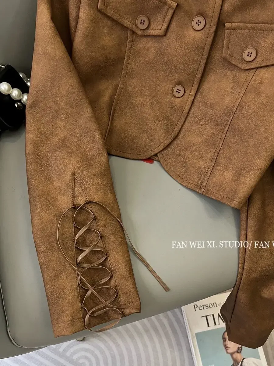 Korean Chic Retro Brown PU Leather Slim Jacket - Image 5