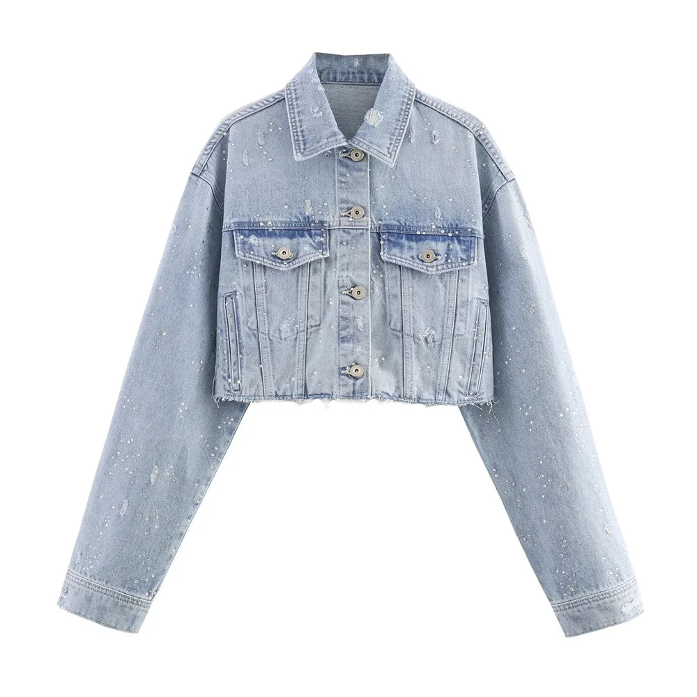 Autumn Rhinestone Denim Jacket & High-Waist Straight Jeans Set - Image 2
