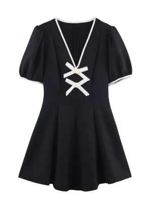 Women’s Winter Contrast Butterfly Bow Mini Dress