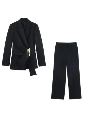 Autumn French Buckle Suit Jacket & High-Waist Straight Pants