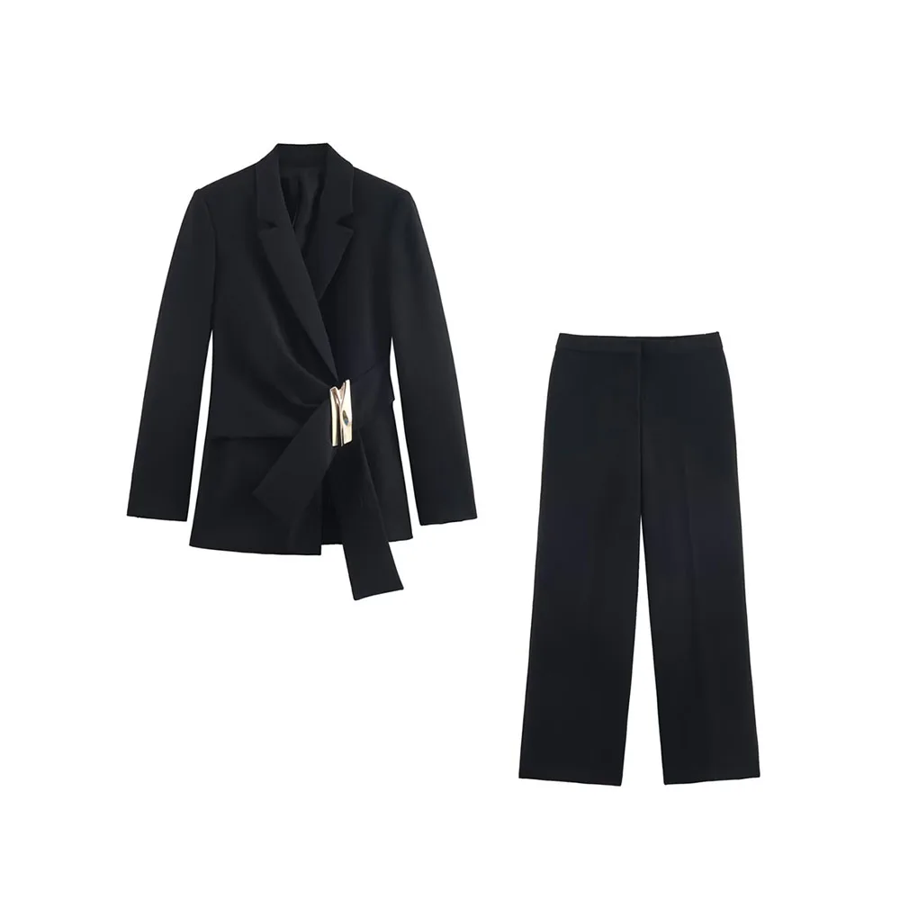 Autumn French Buckle Suit Jacket & High-Waist Straight Pants