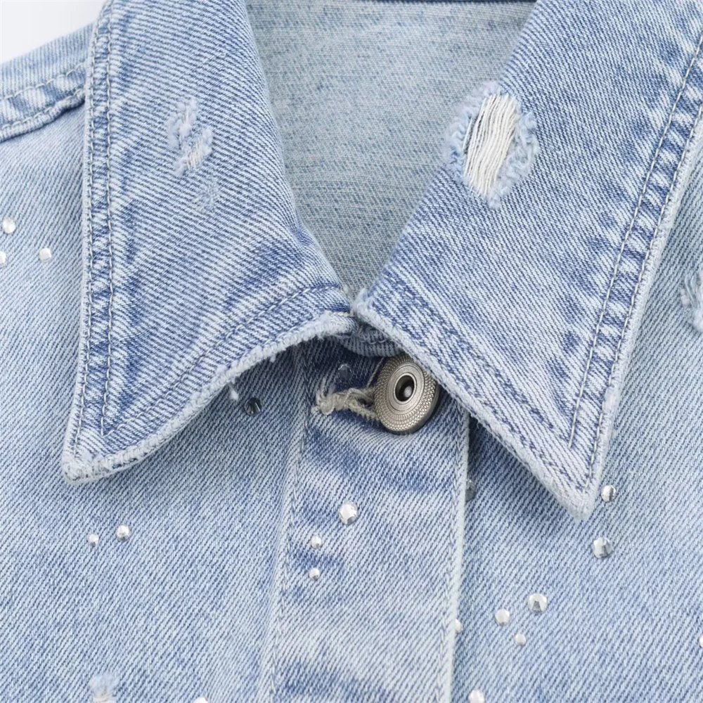 Autumn Rhinestone Denim Jacket & High-Waist Straight Jeans Set - Image 3