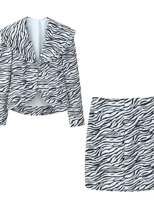Women’s Autumn Zebra Striped Casual Blazer Skirt Set