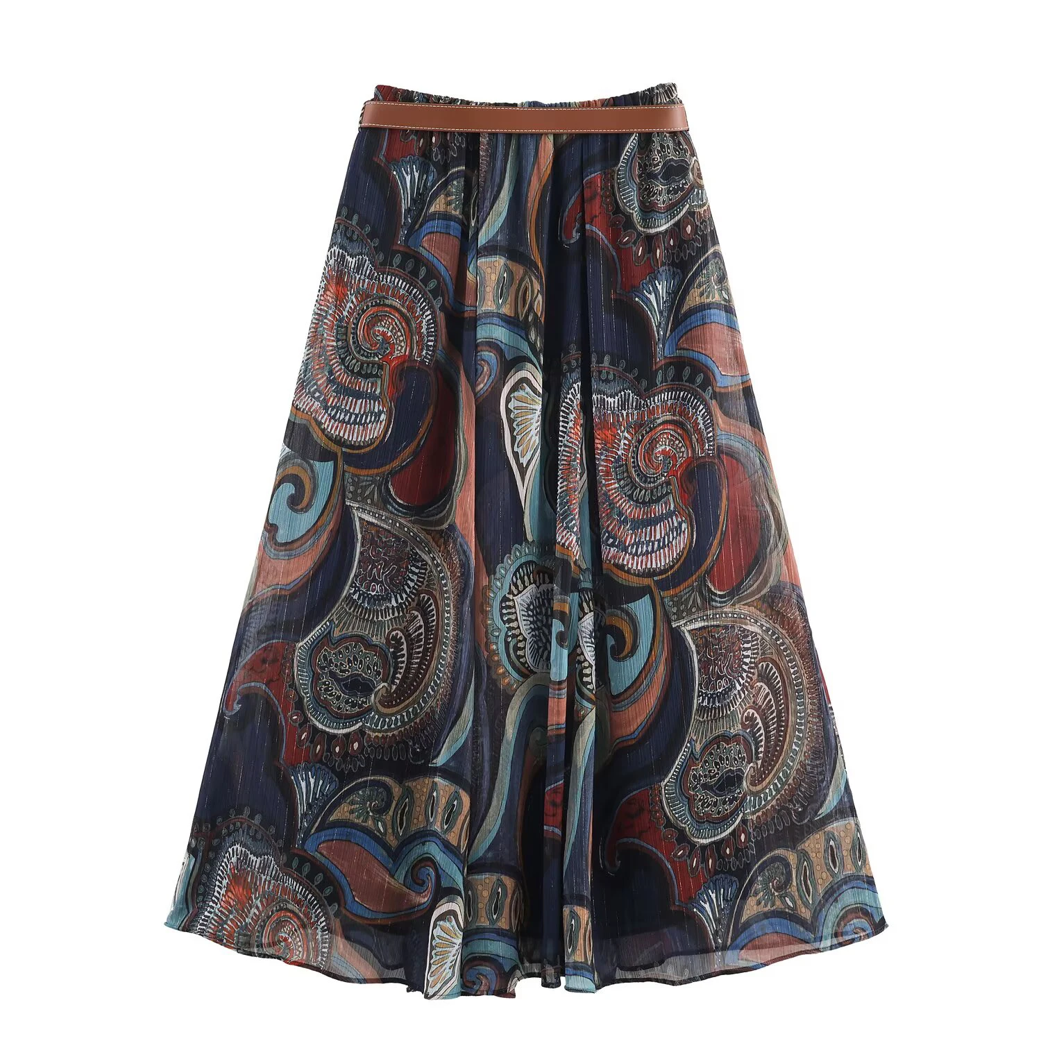 European Style Belted Metal-Wire Print Midi Skirt - Image 2