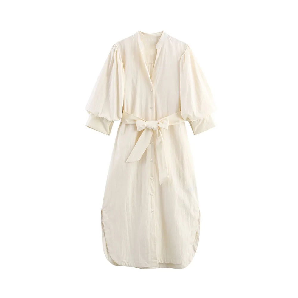 Autumn Bubble Sleeve Shirt Dress