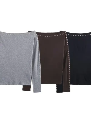 Winter Casual One-Collar Rivet Bat-Sleeve T-Shirt