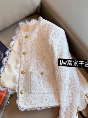 French Elegant Lace Splice O-Neck Short Jacket