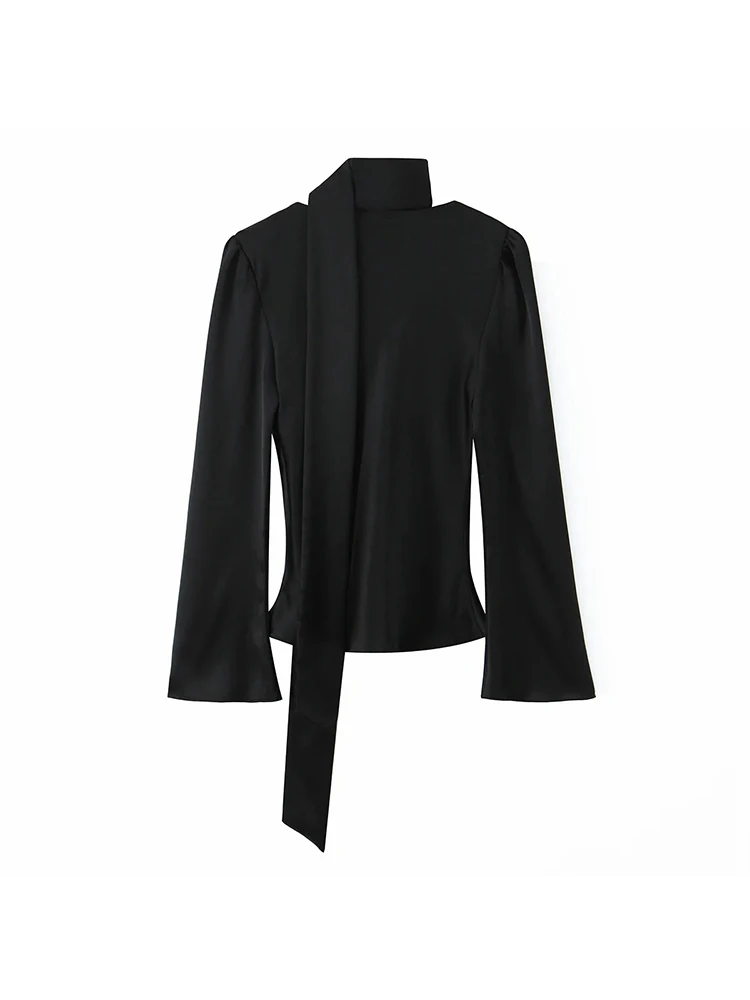 Women’s Elegant Silk-Feel V-Neck Scarf Collar Shirt - Image 2