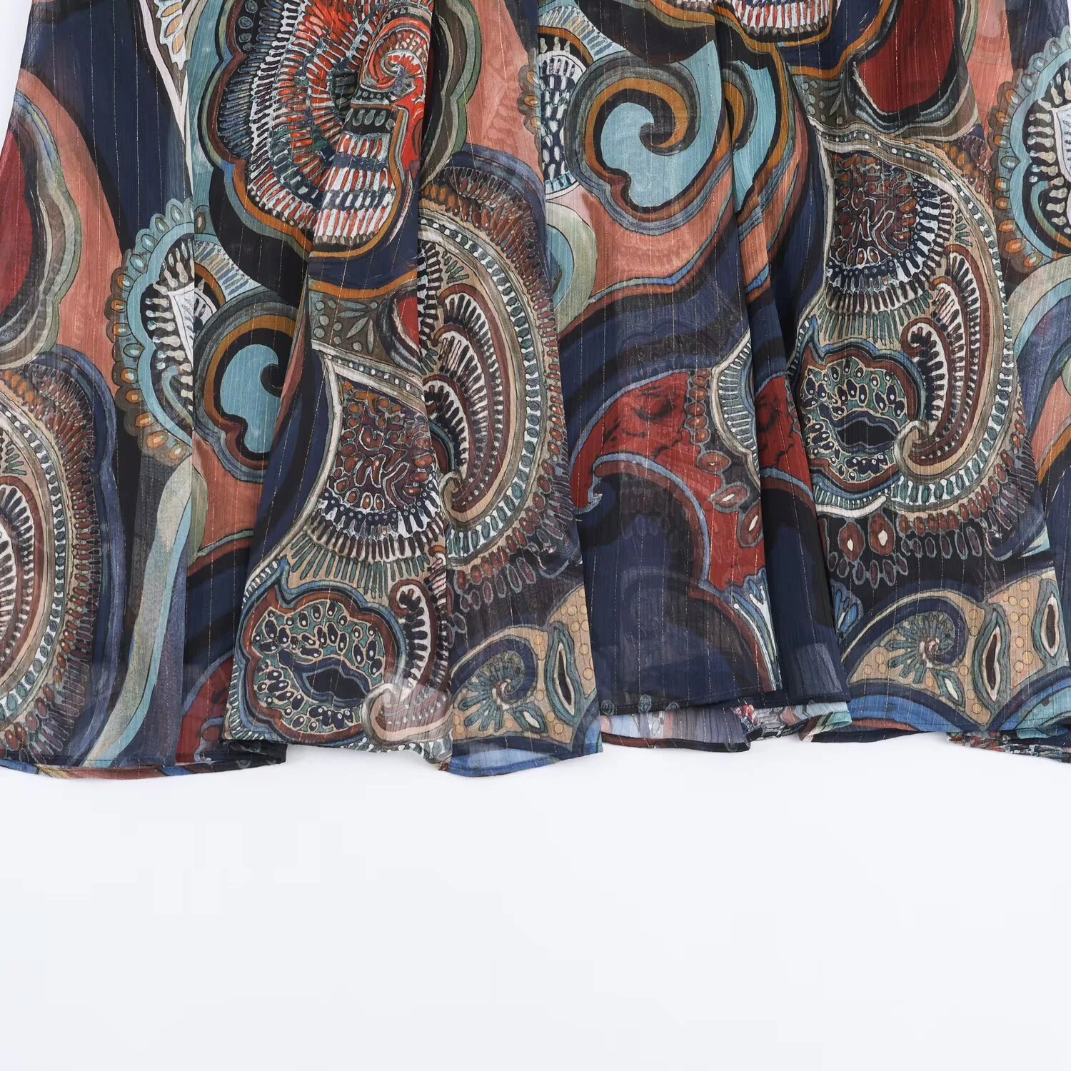 European Style Belted Metal-Wire Print Midi Skirt - Image 3