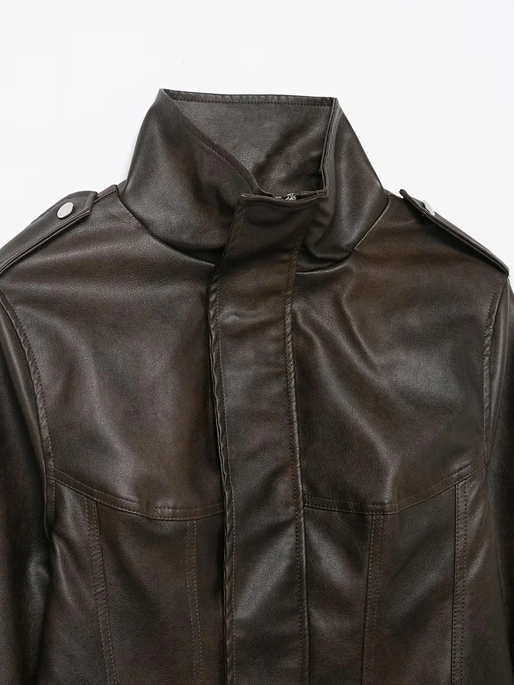 Women’s Vintage Faux Leather Zipper Jacket - Image 3