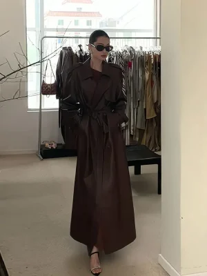 Luxury Brown Slim Fit Leather Trench Jacket