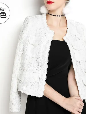 Embroidered Lace Trim Cropped Open-Front Jacket