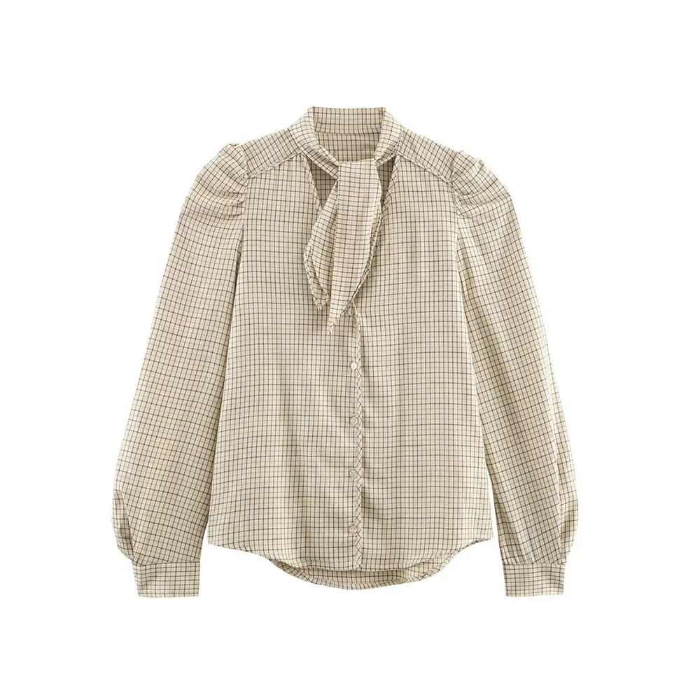 Autumn Checkered Bow Decor Shirt