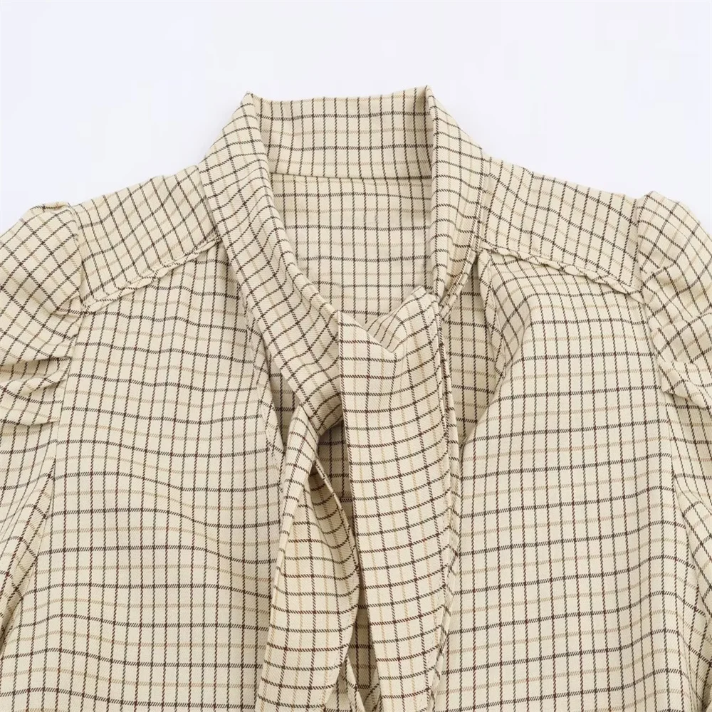 Autumn Checkered Bow Decor Shirt - Image 3
