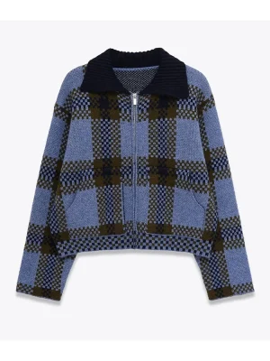 Women’s French Style Plaid Knit Zipper Jacket