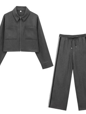 Women’s Winter Casual Stripe Jacket & Wide-Leg Pants Set