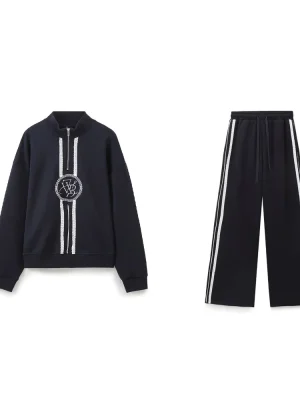 Autumn Embroidered Lace High Neck Sweatshirt & Pants Set