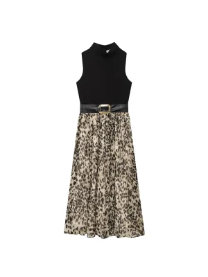 Women’s Autumn Animal Print Midi Skirt with Belt