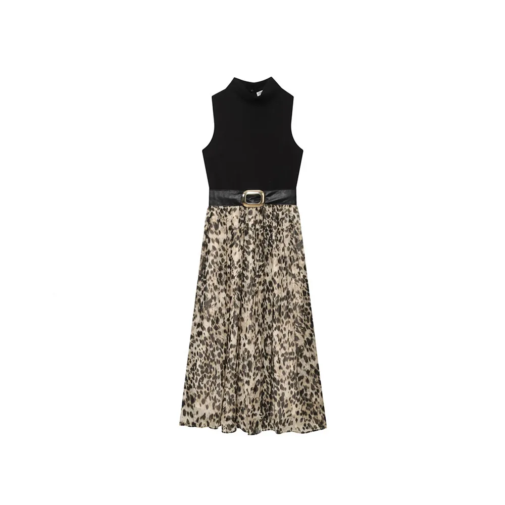 Women’s Autumn Animal Print Midi Skirt with Belt