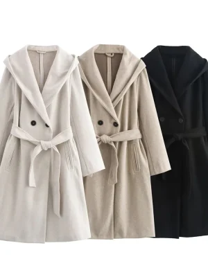 Women’s Hooded Belt Bow Soft Windbreaker Coat