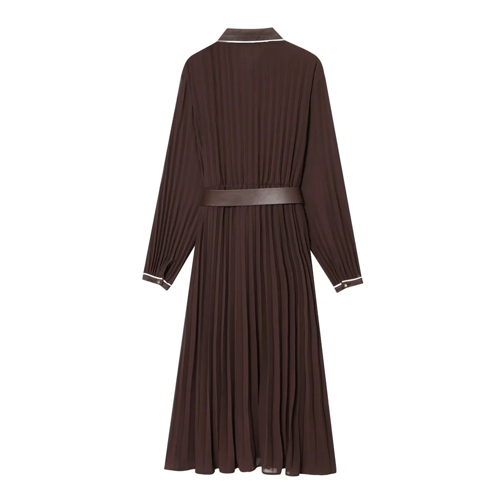 French Style Belted Pleated Midi Dress - Image 2