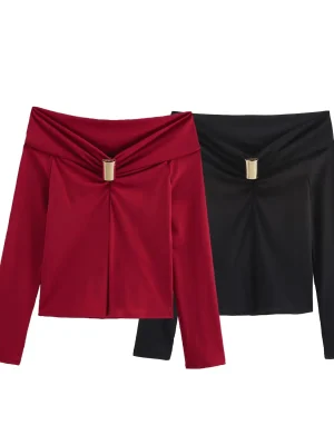 Women’s Retro Off-Shoulder Buckle Top