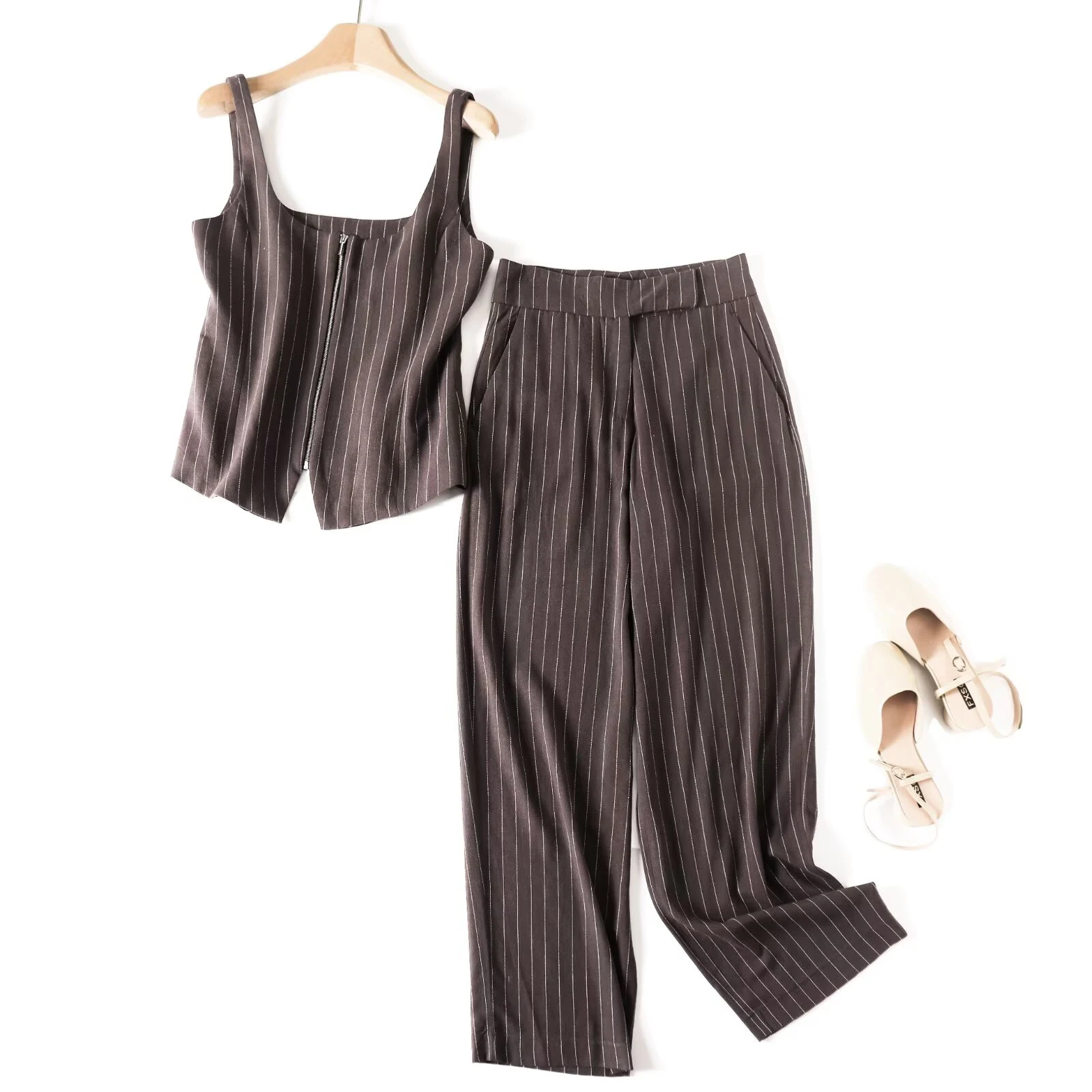 Women’s Striped Sleeveless Vest & Straight Pants Set