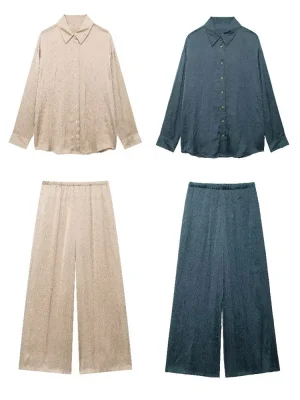 Wrinkle-Effect Silk Shirt with Casual Pants Set