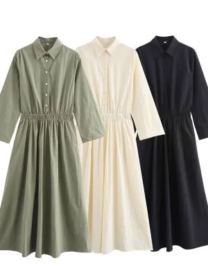 Autumn Collar Pocket Shirt-Style Midi Dress