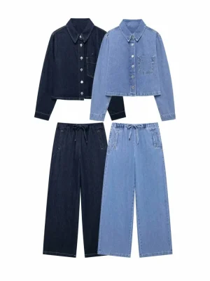 Autumn European-Style Cotton Denim Shirt & Pants Set