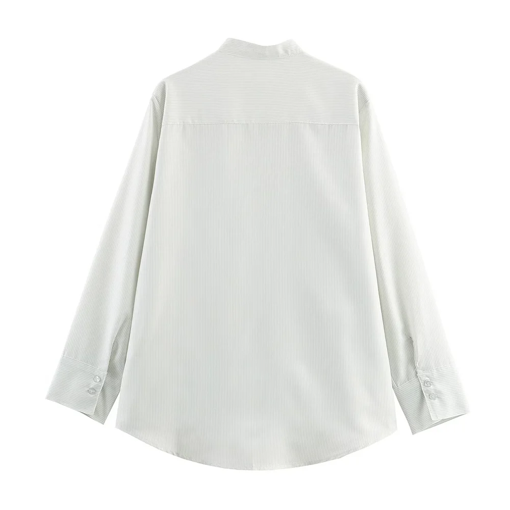 Women’s White Striped Pleated Stand Collar Shirt - Image 2