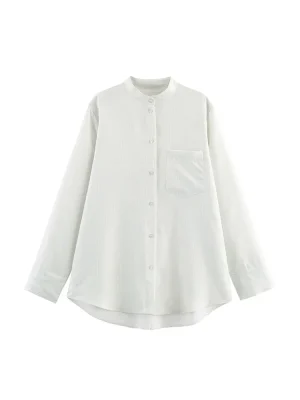 Women’s White Striped Pleated Stand Collar Shirt