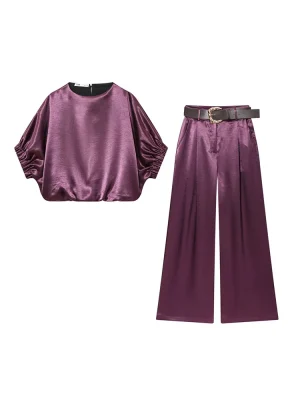 Women’s Autumn Silk-Texture Top & High-Waist Pants Set