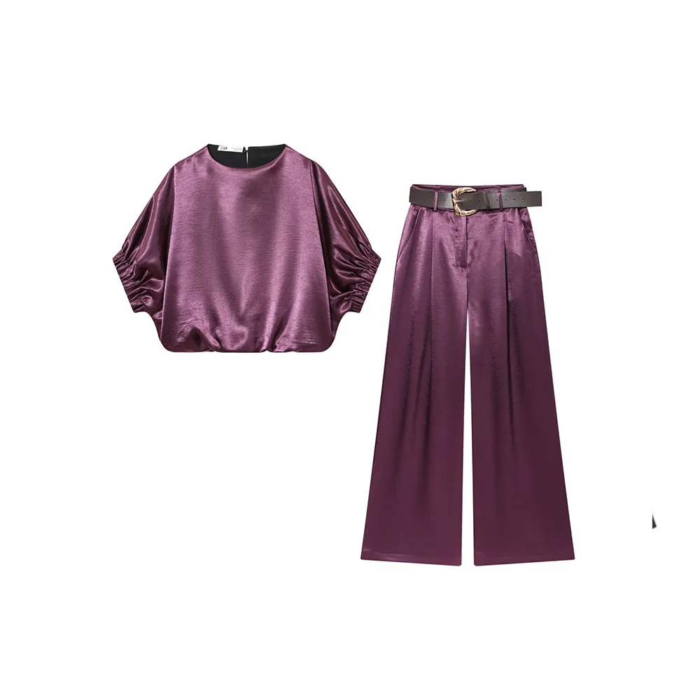 Women’s Autumn Silk-Texture Top & High-Waist Pants Set