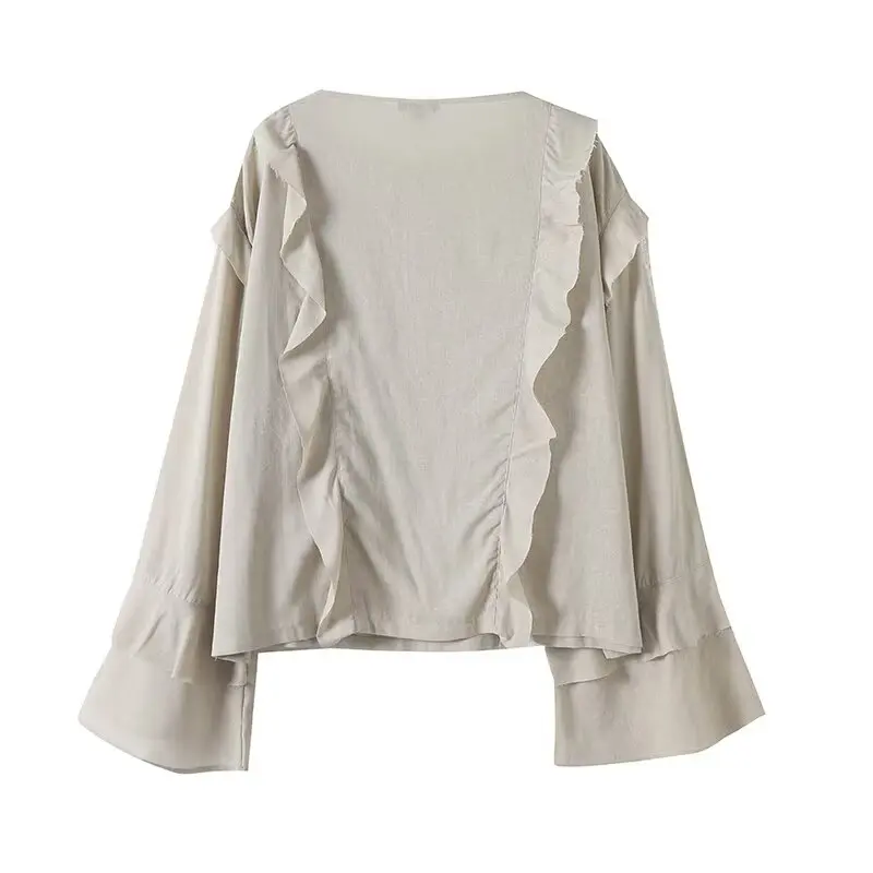 Women’s Ruffle V-Neck Long Sleeve Shirt - Image 2