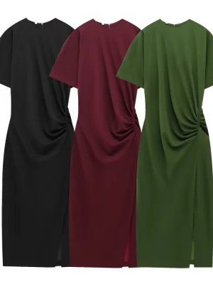 Women’s Round Neck Pleated MIDI Dress with Zipper