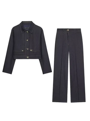 Women’s Contrasting Stitch Short Jacket & Wide-Leg Pants