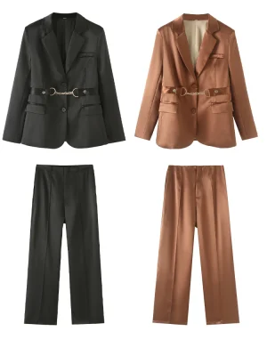 Women’s Buckle Chain Suit Jacket & Pants Set