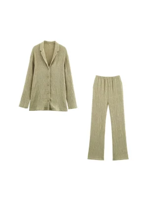 Women’s Casual Linen-Blend Shirt with High-Waist Pants