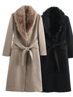 Women’s Belted Warm Fur Collar Coat
