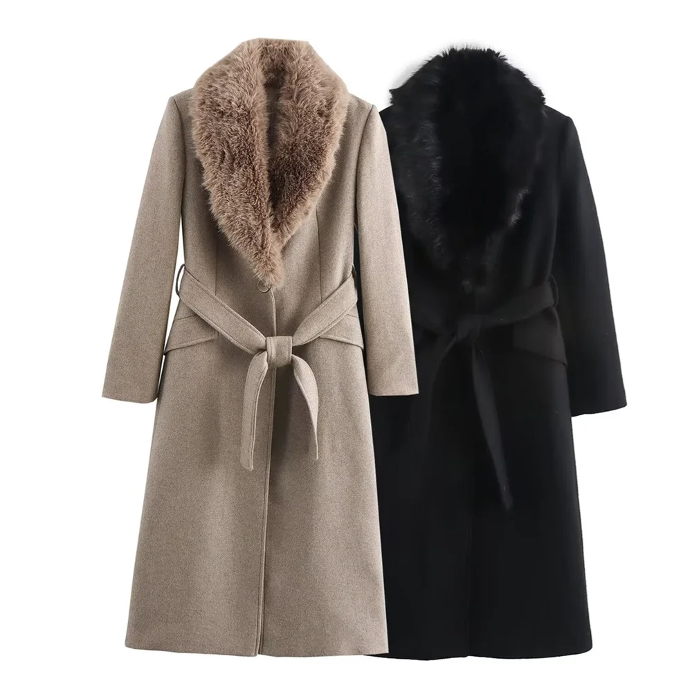 Women’s Belted Warm Fur Collar Coat