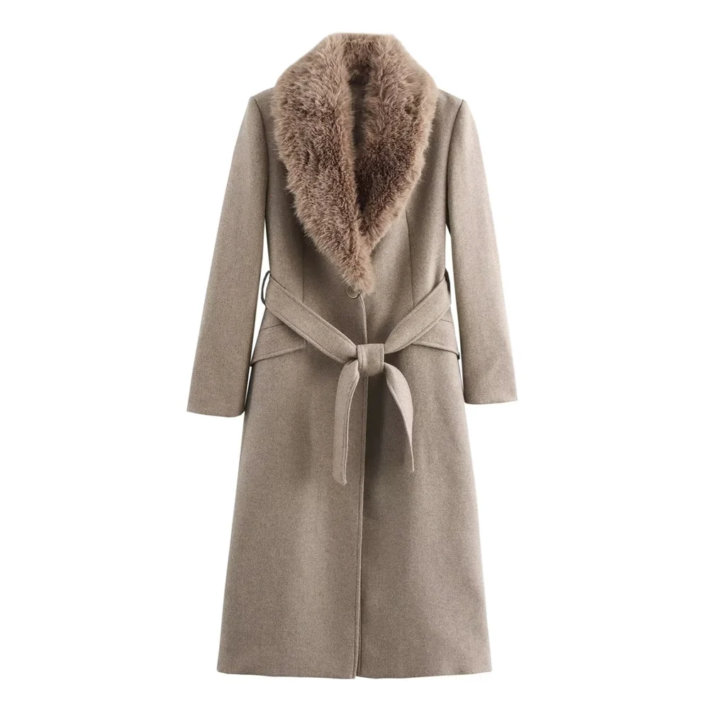 Women’s Belted Warm Fur Collar Coat - Image 4