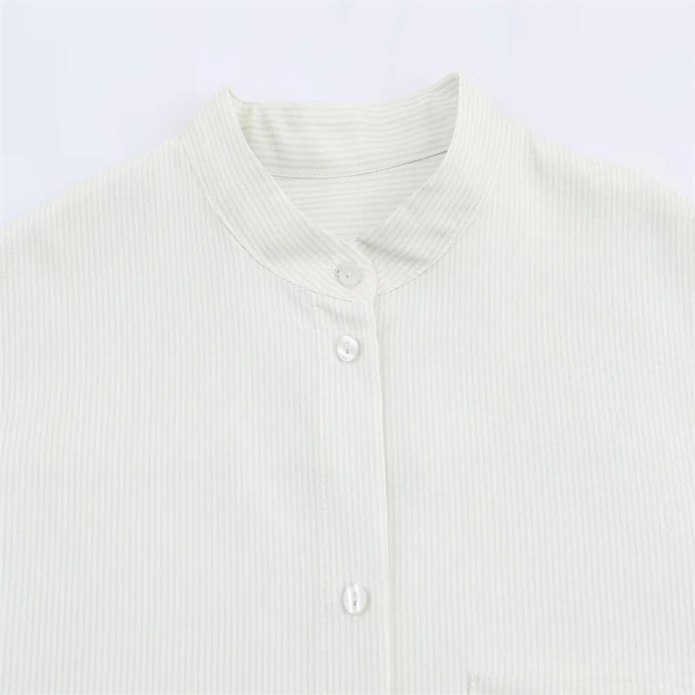 Women’s White Striped Pleated Stand Collar Shirt - Image 3