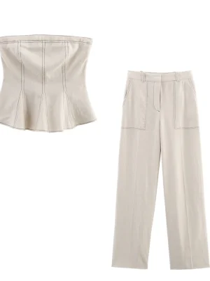 Women’s Color-Contrast Skirt Top & High-Waist Straight Pants Set