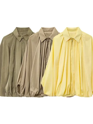 Women’s Summer Lapel Zipper Jacket with Puffy Sleeves